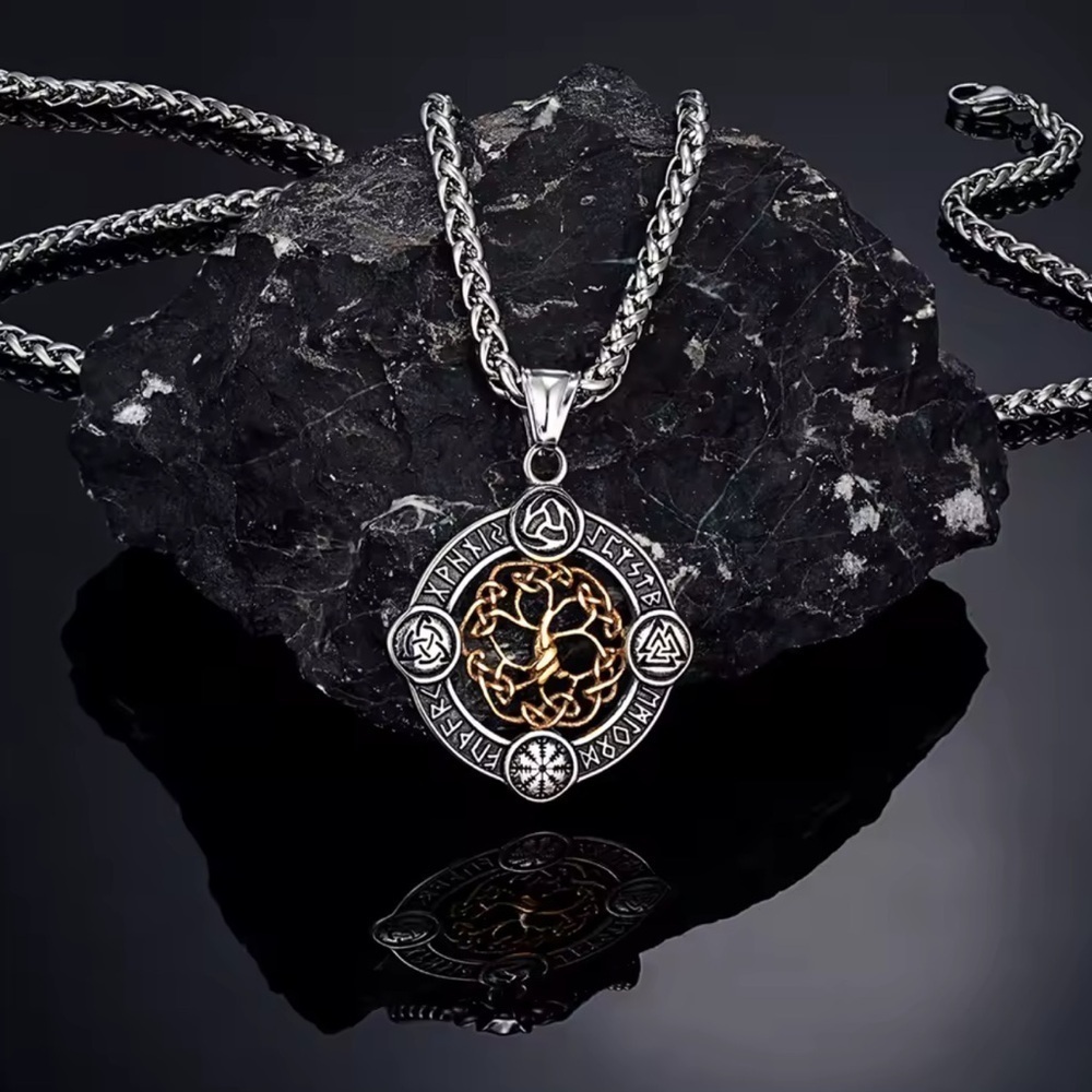 Viking Rune Life Tree Stainless Steel Silver Luck Talisman Necklace - Picture 2 of 5